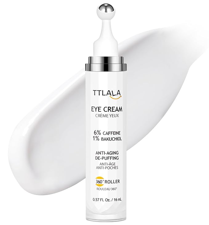 Eye Cream with 6% High-purity Caffeine & 1% Bakuchiol, Under Eye Cream for Dark Circles, Puffiness, Fine Lines, Anti Aging, Wrinkles, Eye Bags Treatment for Women & Men with 360° Roller, 0.57oz