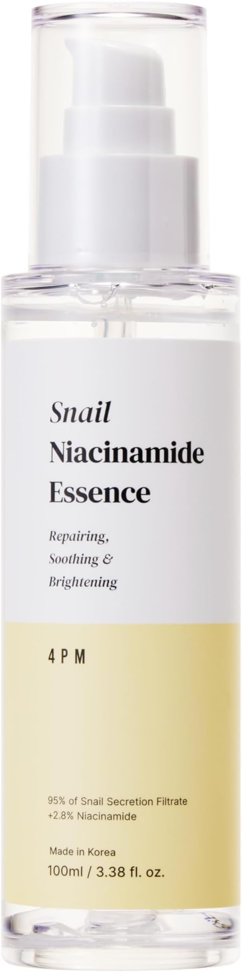 4PM Snail Niacinamide Essence (3.38 fl. oz), Snail Secretion Filtrate 95%, Niacinamide 2.8%, for Glass Skin Repair, Face Glow Brightening & Soothing Essence, Korean Skincare, Made by SEOUL4PM