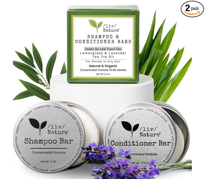 Shampoo Bar and Conditioner with Travel Tins | Lemongrass, Lavender, Tea Tree Oil | Clarifying & Growth | For Oily Hair | USA 2-pk