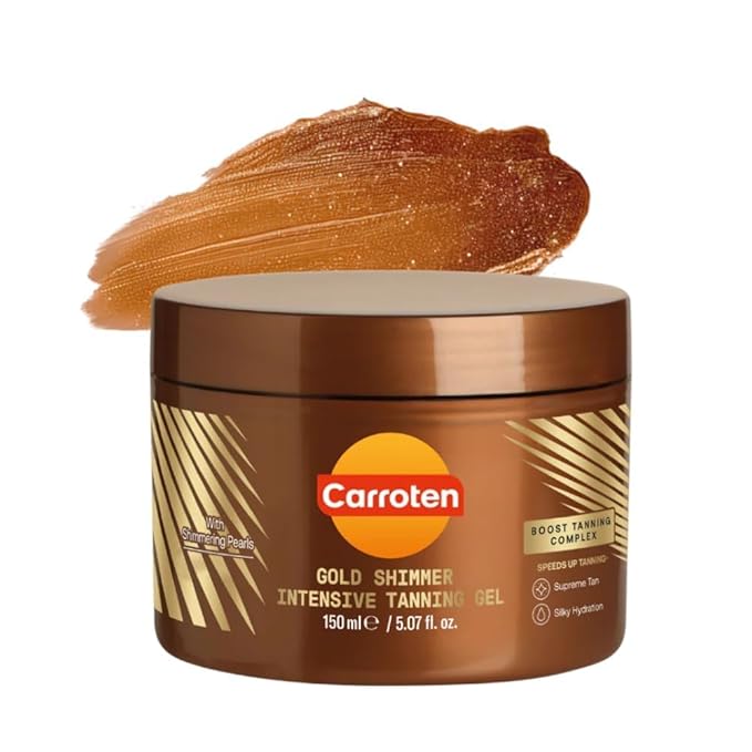 Carroten Gold Shimmer Tanning Gel | Browning Tan Accelerator | Non-Greasy, Water-Resistant with Carrot & Coconut Oil | Vitamin A & E For Moisture & Hydration | Made in Greece | 5 Fl Oz