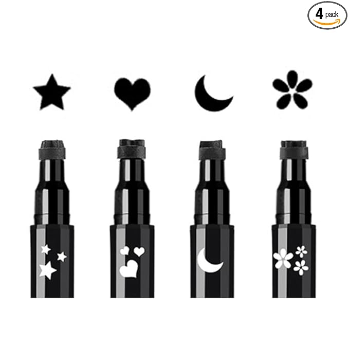 Face Stamp & Eyeliner Set, 4 PCs Black Shape Stamps and Felt Eye Liners, Dual ended 2-in-1 Eye Makeup Pen
