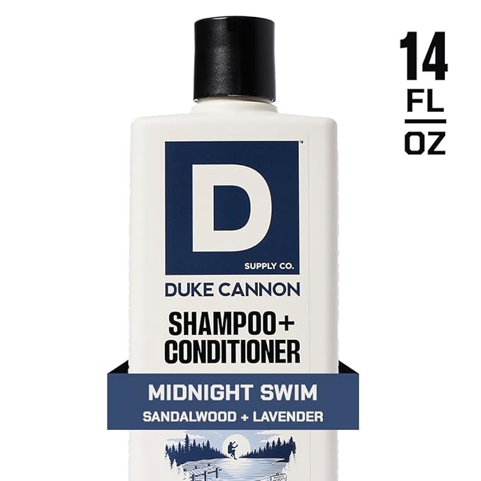 Duke Cannon Supply Co. 2-in-1 Hair Wash - Masculine Scent - Gentle Cleansing Hair Wash For Men - Stimulating Hair Shampoo & Conditioner - Strengthens Hair - Midnight Swim - 2 Pack - (14 oz)