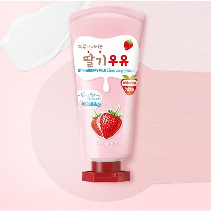 Kwailnara Strawberry Milk Facial Cleanser (4.06 Fl Oz) – Korean Face Wash for Vibrant & Lively Skin | Milk Protein, Royal Jelly & Brightening Strawberry Extract | Creamy Whipped Foam