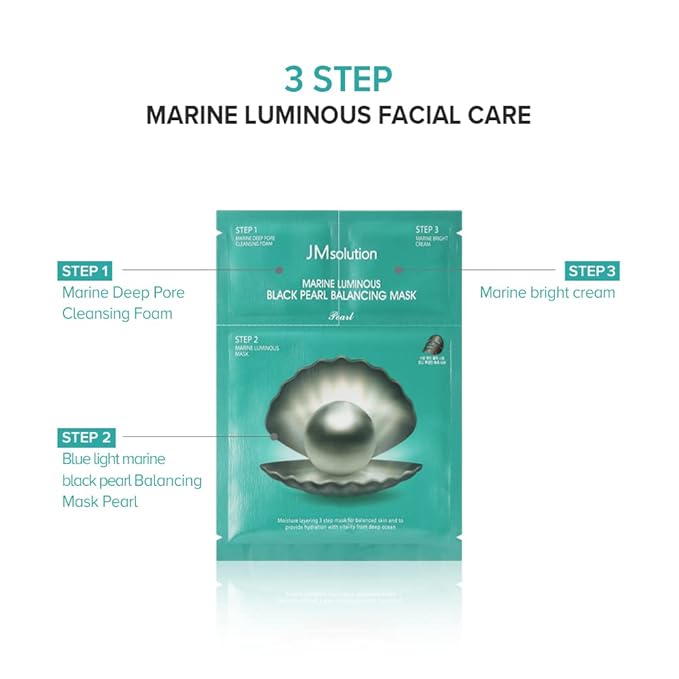JMsolution Marine Luminous Black Pearl 3 Step Mask (10 Sets) | Bubble Cleanser + Black Sheet Mask + Finishing Cream | Oil & Moisture Balance Korean Skincare Set | K-Beauty Face Mask Kit