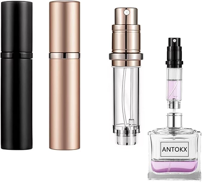 Travel Perfume Bottle Refillable Atomizer - 5ML Pocket Perfume Dispenser, Leakproof Portable Perfume Sprayer (Black & Rose Gold)