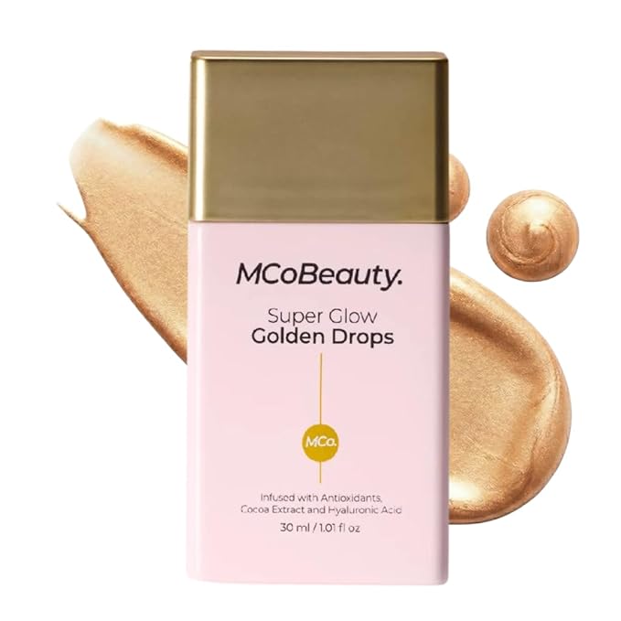 MCoBeauty Super Glow Golden Drops - Radiant Shimmer Liquid Luminizer - Hydrating Highlighter Makeup for Face with Niacinamide Hyaluronic Acid Jojoba Oil Squalane Cacao Extract - Vegan & Cruelty Free