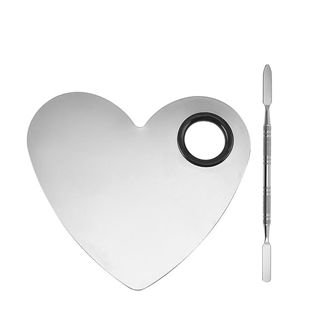 1Set of Heart Shaped Nail Plate Stainless Steel Cosmetic Face Makeup Palette with Spatula for Beauty Foundation DIY Mixing Tool Nail Salon Home Use (Heart shaped color palette)