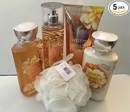Bath & Body Warm Vanilla Sugar Deluxe 5 Piece Gift Set with Full Size Cream, Lotion, Shower Gel, Fragrance Mist and Shower Sponge