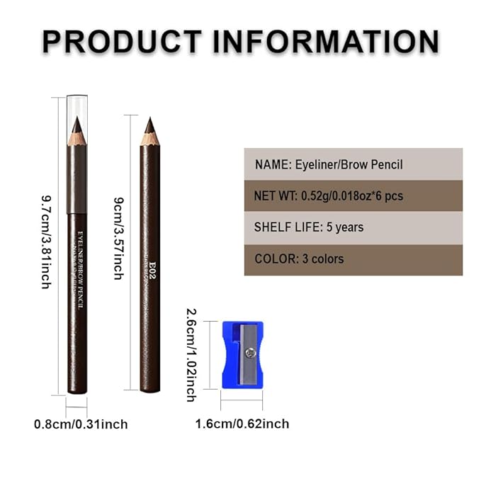 6Pcs Dark Brown Eyebrow Pencils for Women, Wooden Hard-Core Eyebrow and Eyeliner Pencil, Long Lasting Waterproof and Sweat-Proof, Beginner Makeup Brow Pencil With Pencil Sharpener (Dark Brown, 6Pcs)