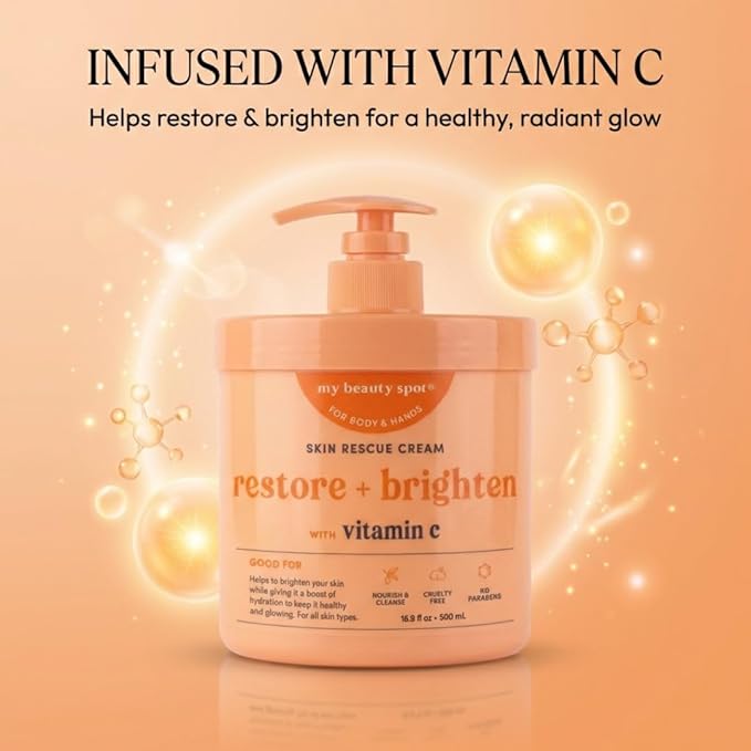 My Beauty Spot Vitamin C Hand Cream with Pump – Restore & Brighten Moisturizing Hand Lotion for Extremely Dry Cracked Hands, Non-Greasy Body Moisturizer & Hand Cream for Women - (16.9 fl oz)