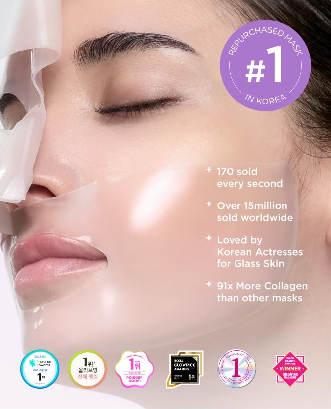 AROCELL Super Collagen Mask 8 Facial Sheet 5,000,000ppb Overnight Dual Matrix Hydrogel Masks with Low Molecular Weight Collagen for Elasticity Hydrating Anti-Aging Cooling Korean Skincare, 43g x 8ea