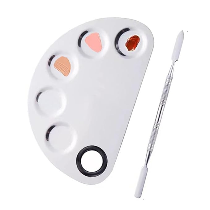 1Set of 5-Dents Half Moon Stainless Steel Cosmetic Palette with Spatula,Nail Makeup Mixing Color Plate Artist Painting Tools (Semi-Circle Five concave Color Palette)