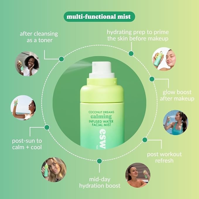 ESW Beauty Coconut Dreams Facial Mist - Hydrating Face Mist - Makeup Primer & Setting Spray - Unscented Face Toner for Sensitive Skin with Coconut Water, Cucumber & Aloe 3.4oz