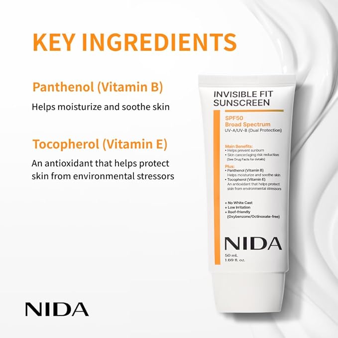NIDA Invisible Fit Sunscreen SPF 50 Broad Spectrum UV-A/UV-B Protection | No White Cast, Low Irritation, Hydrating Lotion-like Lightweight Glow Sunscreen for All Skin Types | 1.69 fl. oz., 50ml