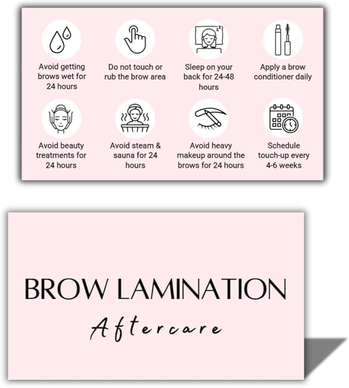 Brow Lamination Aftercare Card | 50 Pack | 2x3.5 Inch Card Size | Brow Lift and Tint, Simple Design with Illustration & Instruction