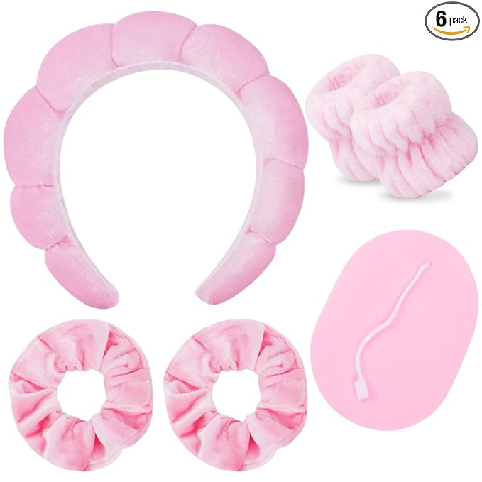 SPA Headbands for Washing Face Makeup Scrunchies Hair Tie Hair Band Women Facial Head Band Wrist Towel Wraps For Shower Face Mask Pink, 6 Pack