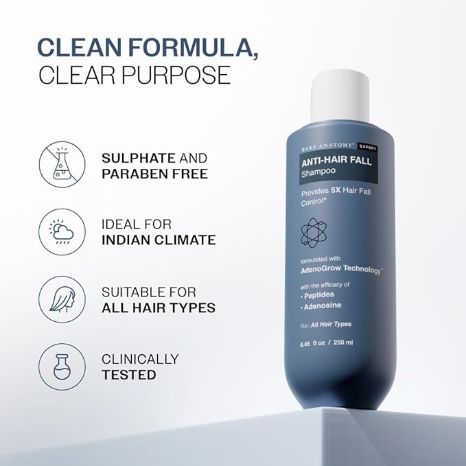 Bare Anatomy Anti-Hair Fall Shampoo | Provides 5x Hair Fall Control | pH 4.6 | Adenosine & Peptides | Strengthens Weak Roots & Reduces Breakage | Sulphate & Paraben Free | Unisex | 250ml