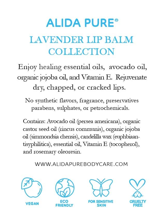 Lavender Lip Balm, Cruelty Free, Vegan, Beeswax Free, with Organic Jojoba and Avocado Oil, Vitamin E, Natural Moisturizer for Dry, Chapped, or Cracked Lips, 3 Tube Set