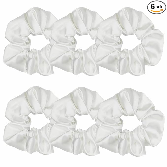6 Pcs Satin Scrunchies - Soft Hair Ties, Ponytail Holders, Hair Bands, Hair Accessories for Women and Girls (4.3 inch, White)
