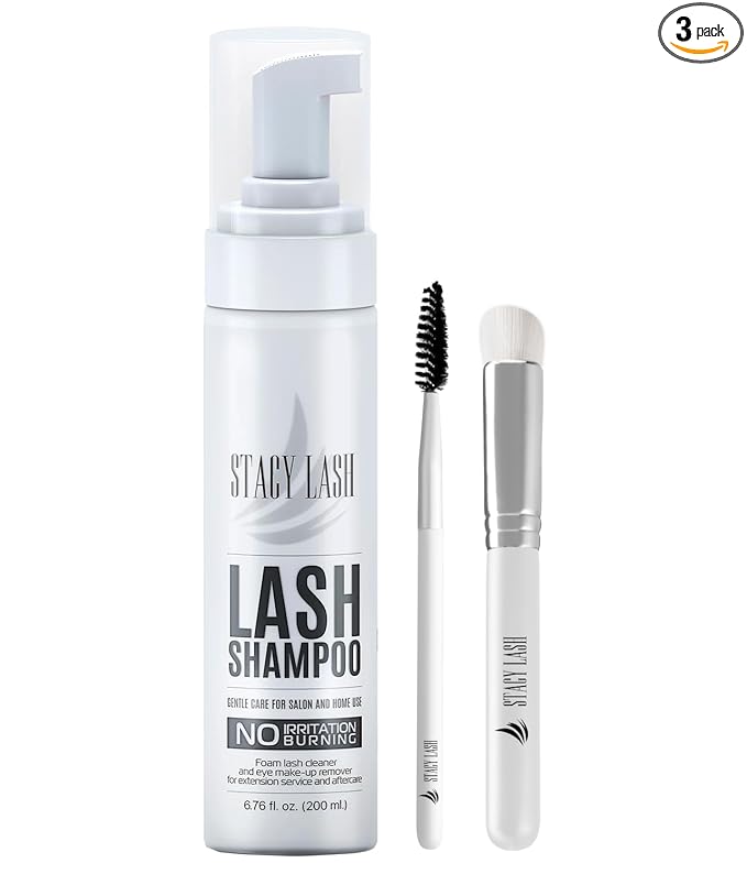 STACY LASH 6.76 fl.oz / 200ml Eyelash Extension Shampoo + Brush/Eyelid Foaming Cleanser/Wash for Extensions & Natural Lashes/Safe Makeup Remover/Supplies for Professional & Home Use