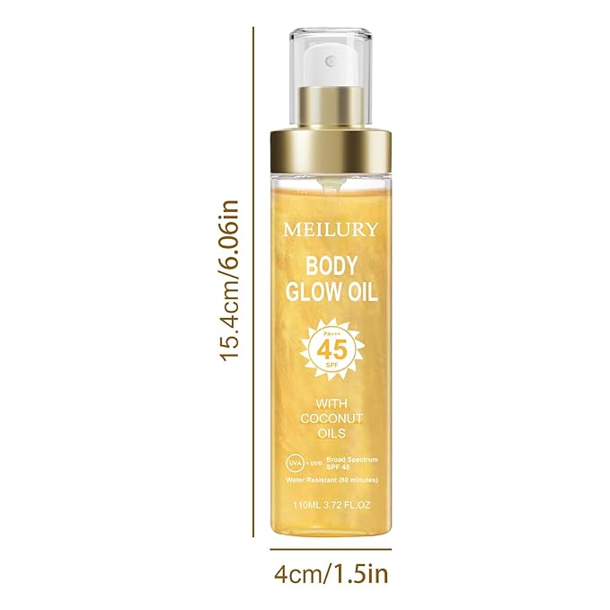 Body Glow Oil, SPF 45 Broad Spectrum, Sunscreen Body Oil with Rose Gold Mica, Moisturizing Coconut, Glow Moisturizer, Lightweight, Water Resistant, 3.72 fl oz(#1 GOLD)