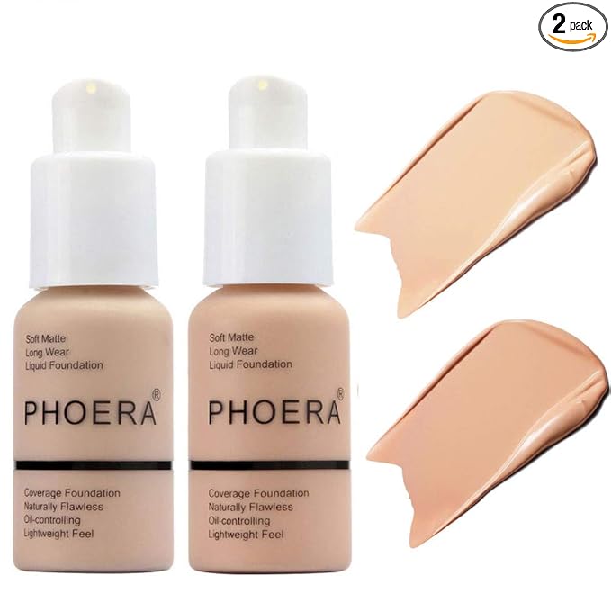 BestLand 2Pack PHOERA Foundation Full Coverage Liquid Foundation Cream - Long-lasting Lightweight Concealer - Oil-Free Formula - Natural Shade - Suitable for All Skin Types (102 Nude & 103 Warm Peach)
