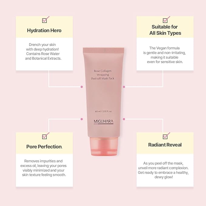 MIGUHARA Rose Collagen Wrapping Mask - Elasticity & Firming Korean Glass Skin Peel Off Mask - Damask Rose & Hydrolyzed Collagen to Minimize the Appearance of Pores & Enhance Glow (2.02 fl.oz)