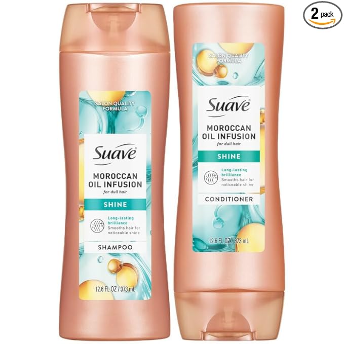 Suave Moroccan Oil Infusion Shine Shampoo and Conditioner for Dull Hair – Salon-Proven System for Brilliant, Shiny Hair, Frizz Control, 12.6 Oz Ea