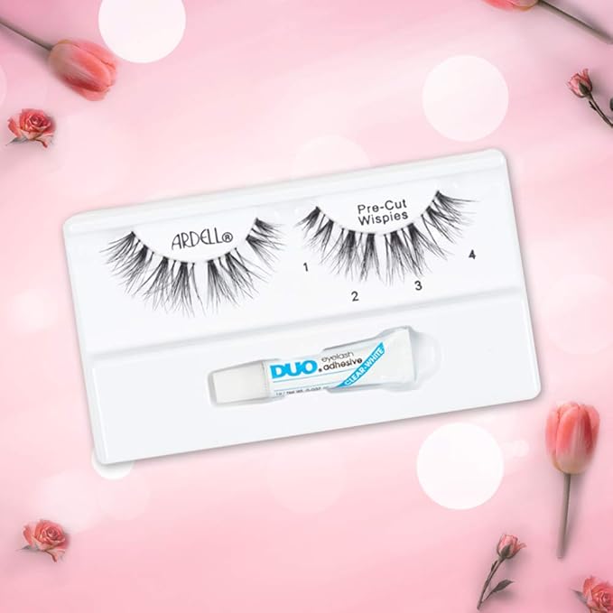 Ardell Wispies Pre-Cut False Lashes with Free Duo Eyelash Adhesive, Natural Strip Lashes for Glamour Look, 4 Pack