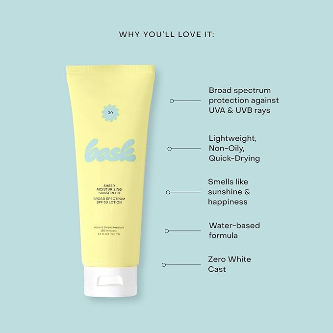 Bask SPF 30 Sheer Moisturizing Sunscreen Lotion - Broad Spectrum UVA/UVB Protection, Dermatologist Recommended, Hydrating, Lightweight & Non-Greasy, Travel Size (Value Pack of 3)