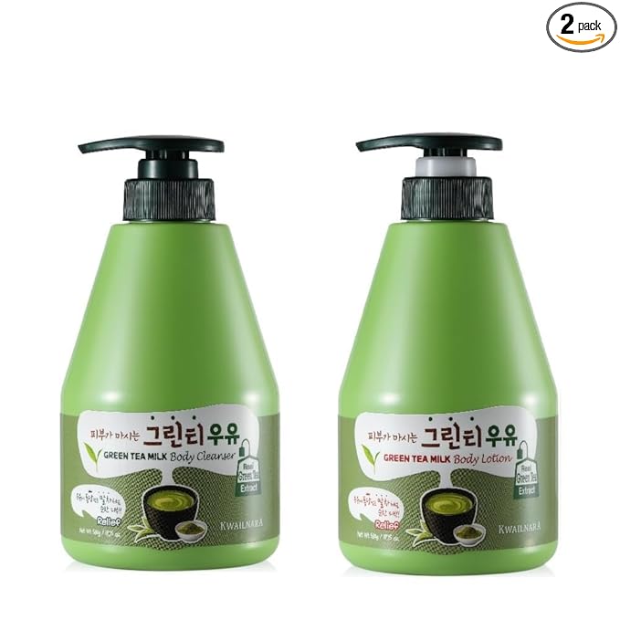 Kwailnara Green Tea Milk Body Wash & Lotion Set (19.75 Oz Each) – 2-Piece Korean Skincare Duo for Revitalized Skin | Milk Protein, Royal Jelly & Clarifying Green Tea Extract | Paraben-Free