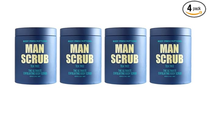Body Prescriptions Men’s Exfoliating Body Scrub – Ultimate Skin Cleansing Wash in Jar with Twist-Top Lid, For All Skin Types, 21 Ounce (Pack of 4), Tea Tree