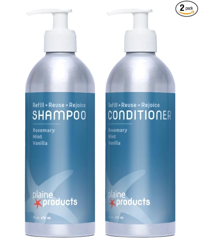 Plaine Products Eco-Friendly Shampoo and Conditioner - Rosemary, Mint, Vanilla - Sulfate Free, 16 oz (Refillable Bottles with Pumps)