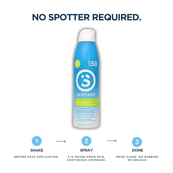 Surface Sunscreen Spray SPF 50 for Body, Natural Formula, Lightweight and Reef Friendly, Broad Spectrum UVA UVB Protection, Water Resistant Sun Care for Outdoor Use, Fragrance Free, 6oz