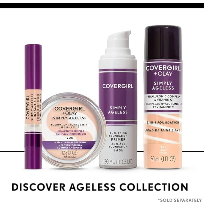 COVERGIRL & Olay Simply Ageless 3-in-1 Liquid Foundation, Matte Finish, Hyaluronic & Vitamin C Formula, 275 Soft Sable, 1 Count