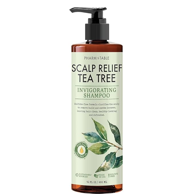 PHARM TO TABLE Tea Tree Shampoo For Men and Women, Deep Cleansing Sulfate-Free Formula - Relief for Dry Itchy Scalp - Infused with Tea Tree oil, Mint, Biotin and Vitamin E, 16.2oz
