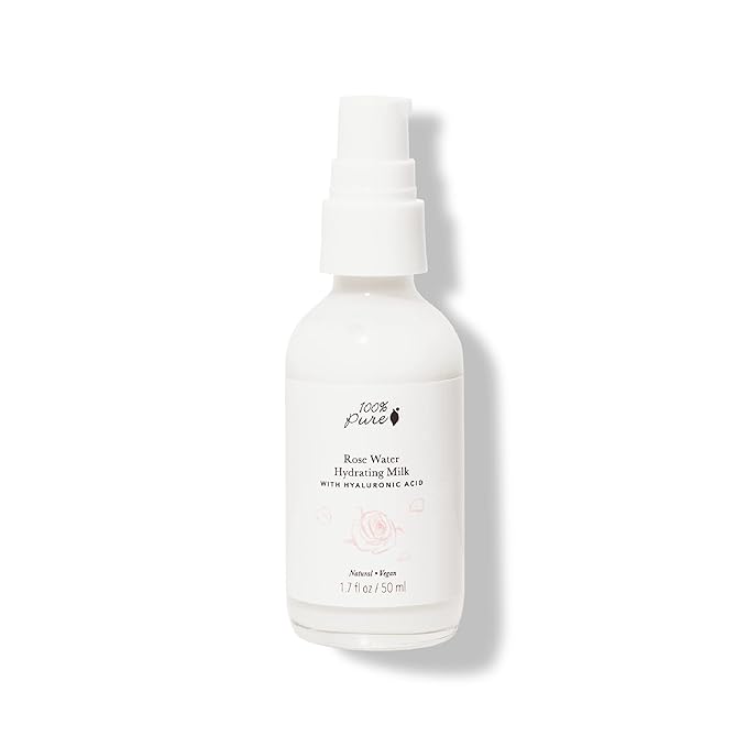 100% PURE Rose Water Hydrating Milk - Lightweight Face Moisturizer with Hyaluronic Acid & Squalene to Soothe and Replenish Dry, Dehydrated Skin - Vegan - 1.7oz