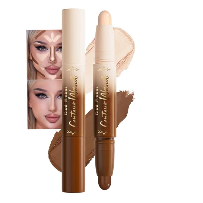 Dual Ended Contour Stick, Neutral Nude + Beige Cream Concealer Highlighter, Waterproof No Transfer Long-Lasting 2-in-1 Face Contour Bronzer Stick for Daily Makeup, 21#