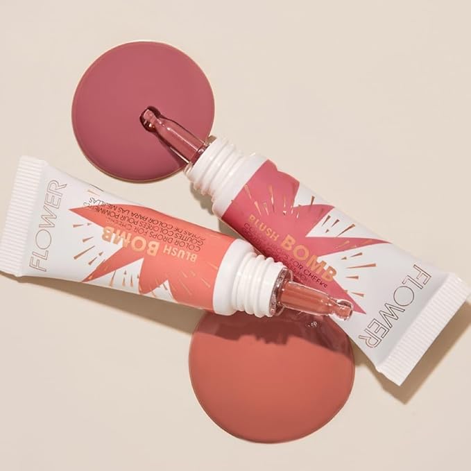 FLOWER Beauty Liquid Blush Makeup Bomb Color Drops -Silky Lightweight Formula + Gel Cream Blush for Cheeks - Radiant + Glossy Finish - Buildable + Lightweight Formula - Cruelty-Free + Vegan (Pinched)