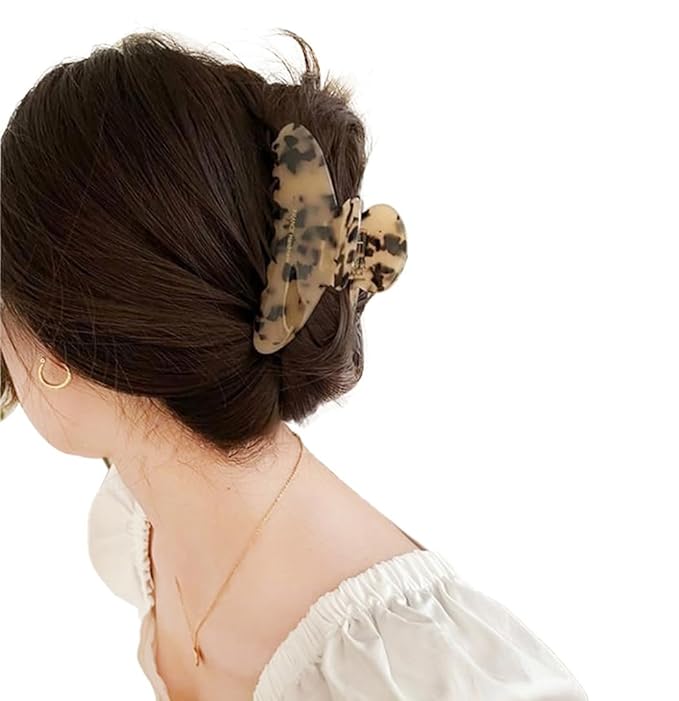 Wenlly large tortoise shell claw clip, 4.1 Inch cellulose acetate hair claw clips, marble non-slip strong hair hold barrettes for women and girls, leopard