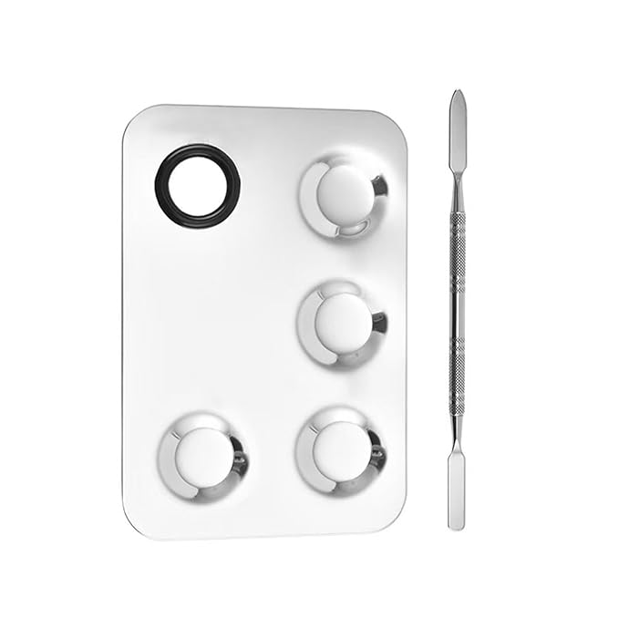 2 in 1 Set Stainless Steel Square Five Holes Mixing Color Palette Tray and Makeup Spatula Tools for Beauty Nail Art DIY (Square five hole color palette)
