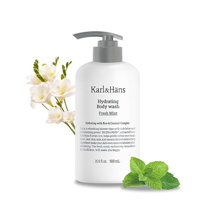 Karl&Hans Hydrating Body Wash, Korean Rice-Derived PDRN & Ceramide, Refreshing Cleanser, Skin Barrier Support, Non-Drying, with Coconut-Derived Moisturizers 16.9 fl oz (Fresh Mint)