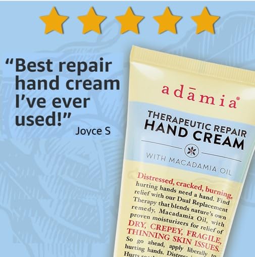 Adamia Therapeutic Repair Hand Cream with Macadamia Nut Oil and Promega-7, 3 Ounce Tube - Fragrance Free, Paraben Free, Non GMO.