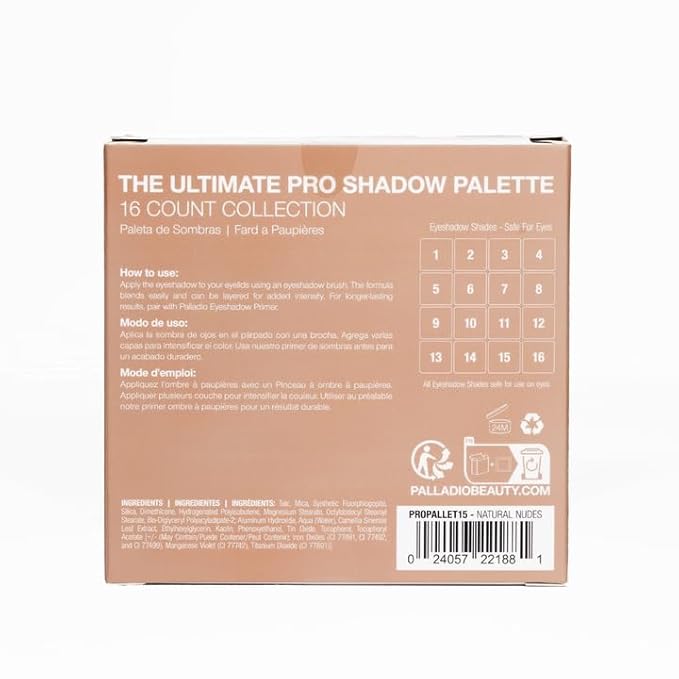 Palladio Ultimate Pro Eyeshadow Makeup Palette, 16 High-Pigmented Powder Colors, Matte, Shimmer, Satin Finishes, Natural Nudes