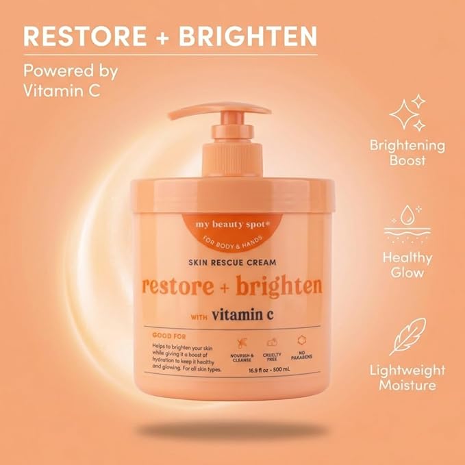 My Beauty Spot Vitamin C Hand Cream with Pump – Restore & Brighten Moisturizing Hand Lotion for Extremely Dry Cracked Hands, Non-Greasy Body Moisturizer & Hand Cream for Women - (16.9 fl oz)