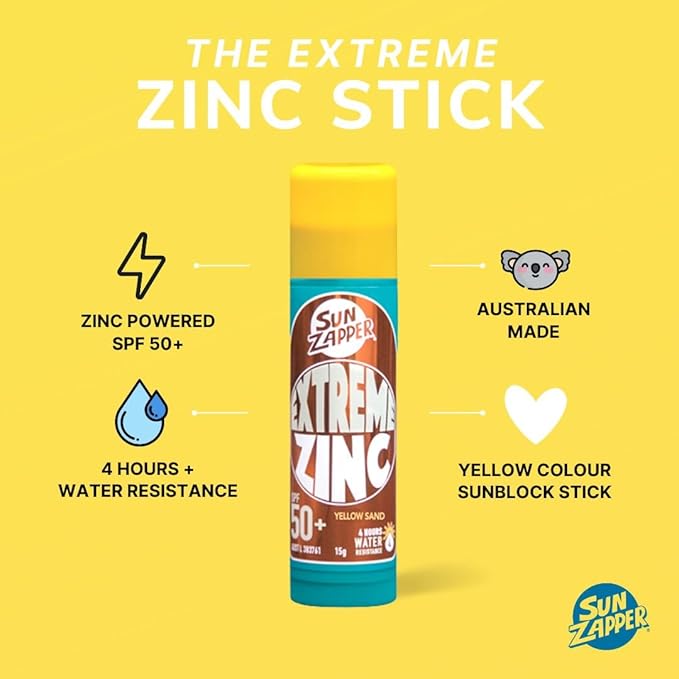 Sun Zapper Extreme Zinc Sunscreen Stick SPF 50+ Yellow – Colored Water Resistant Mineral Sunscreen for Face, Zinc Oxide Surf Sunscreen Stick for Water Sports, 15g (0.53 oz), Australian Made