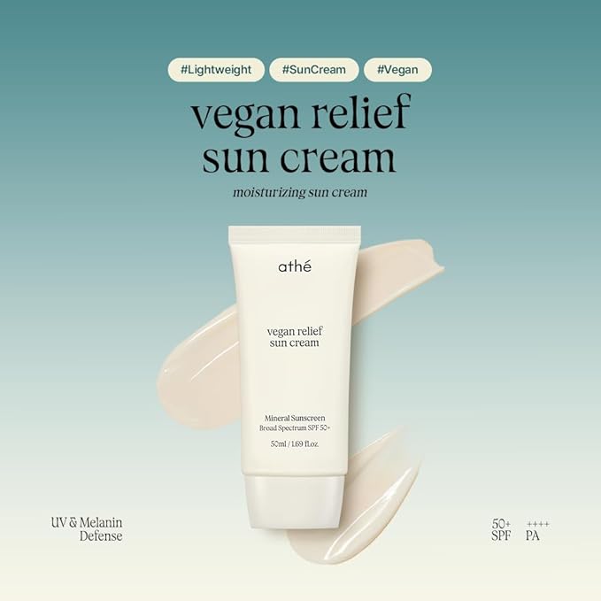 athé Vegan Relief Sun Cream SPF 50+ Broad Spectrum – Fragrance-Free | Sea Buckthorn Oil + 6-Type Hyaluronic Acid + Centella | No White Cast | Vegan K-Beauty | 1.69 fl.oz