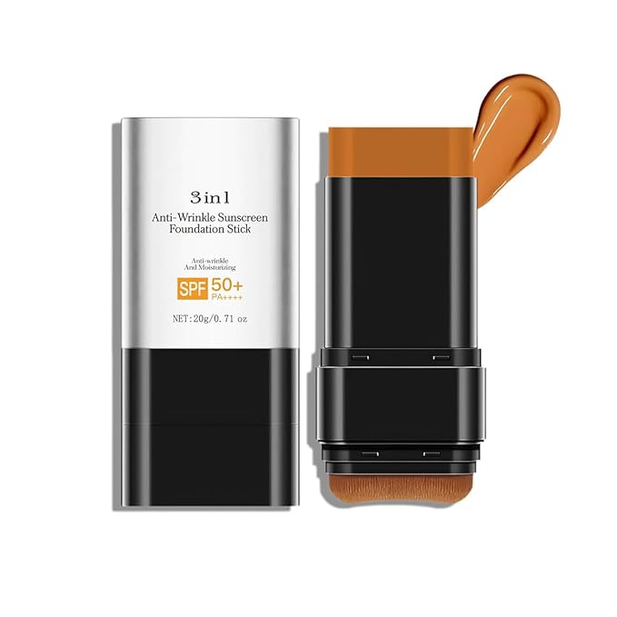 3 In 1-Luxury Anti-Wrinkle Foundation Stick SPF 50+ with Brush, Hydrating Non-Sticky Matte Foundation Stick, Travel Size Defense Face and Body Sunscreen Lotion, Dark Color, 1.42 Fl Oz