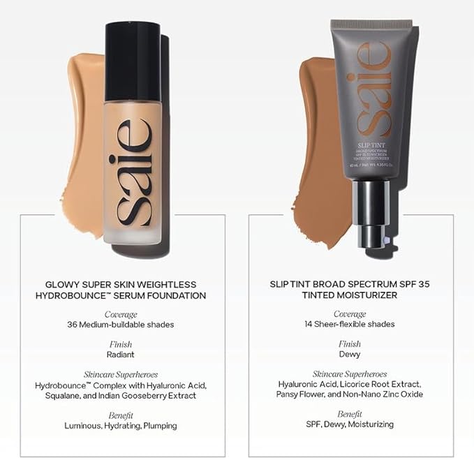 Saie Glowy Super Skin Tint Liquid Foundation - Weightless + Dewy Foundation with Lightweight Medium Coverage - Hydrating Face Makeup + Skin Care Serum Hybrid with Hyaluronic Acid - Shade 33 (1.01 oz)