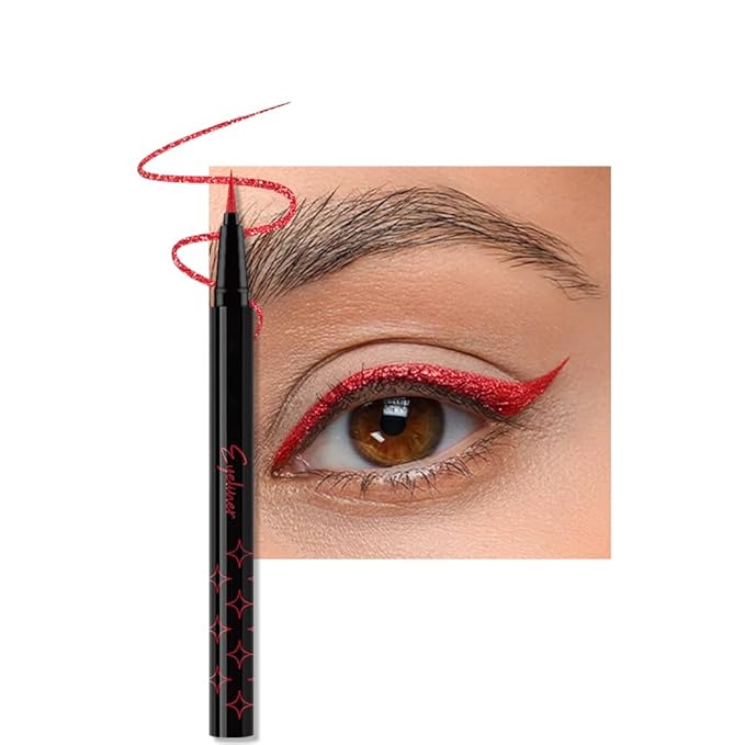 Red Metallic Glitter Liquid Eyeliner Pen – Long-Lasting Sparkly Waterproof Eyeliner for Women & Men – Tattoo-Effect Eye Makeup for Parties – Delineador de ojos líquido con 09